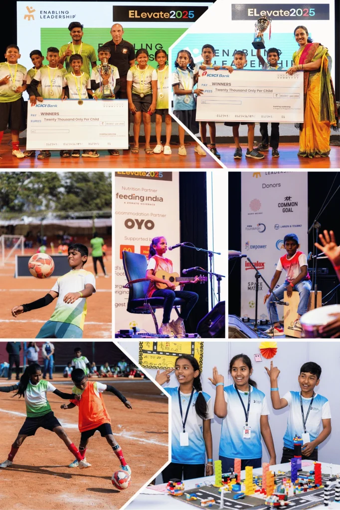 About ELevate 2025 2 Highlights from Elevate 2025, including children participating in football, music, and LEGO innovation activities during the national finals
