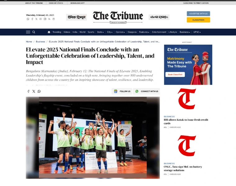 About ELevate 2025 6 The Tribune news coverage highlighting Enabling Leadership’s Elevate 2025 youth leadership event